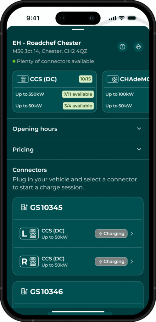 Charging options at a location shown within the GRIDSERVE app