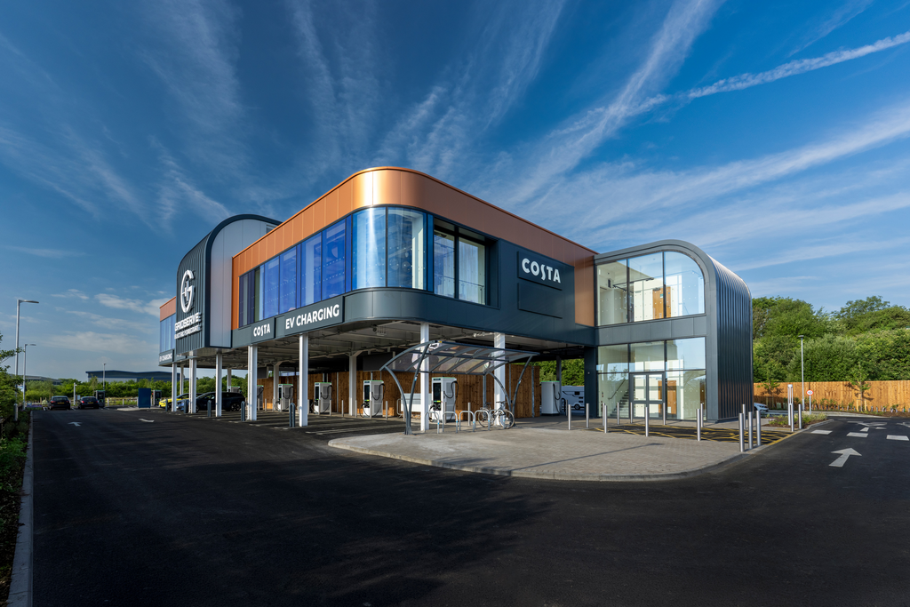 A side view of GRIDSERVE Markham Vale Electric Forecourt